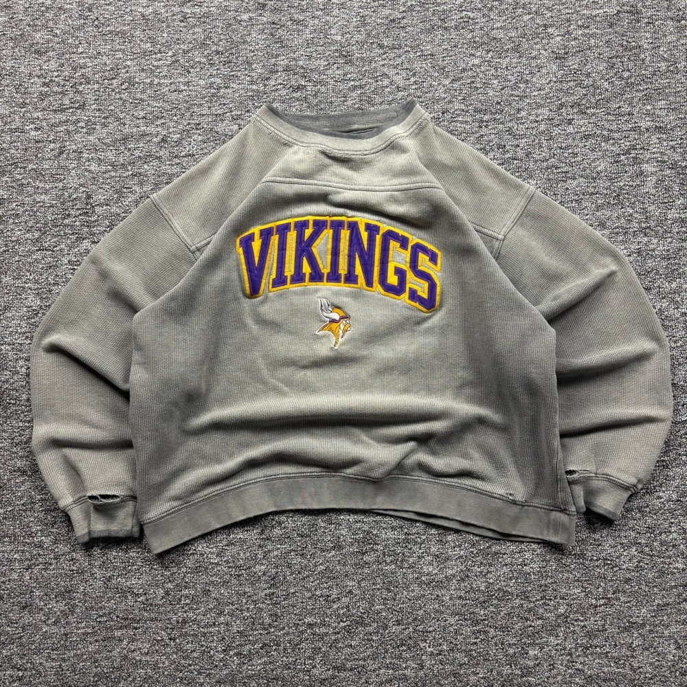 Vintage 90s Pro Player Minnesota Vikings Distressed Grey Sweatshirt Mens Large